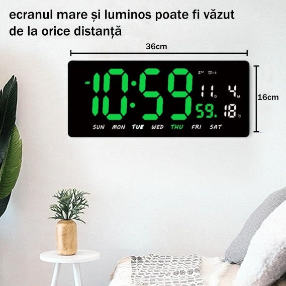 Ceas Digital de Masa si de Perete cu Lumina Led Verde, Tehnologie LED Fara Umbre, Calendar, Temperatura, Alarma, Functie Snooze, Luminozitate Adjustabila, 36x16cm - Frize