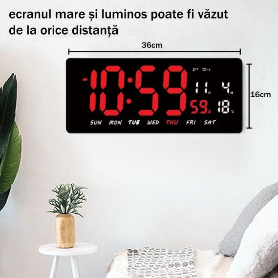Ceas Digital de Masa si de Perete cu Lumina Led Rosu, Tehnologie LED Fara Umbre, Calendar, Temperatura, Alarma, Functie Snooze, Luminozitate Adjustabila, 36x16cm - Frize