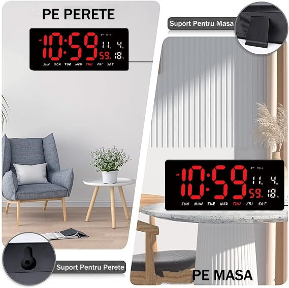 Ceas Digital de Masa si de Perete cu Lumina Led Rosu, Tehnologie LED Fara Umbre, Calendar, Temperatura, Alarma, Functie Snooze, Luminozitate Adjustabila, 36x16cm - Frize