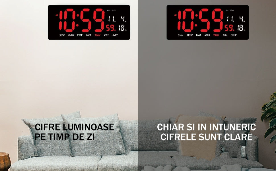 Ceas Digital de Masa si de Perete cu Lumina Led Rosu, Tehnologie LED Fara Umbre, Calendar, Temperatura, Alarma, Functie Snooze, Luminozitate Adjustabila, 36x16cm - Frize