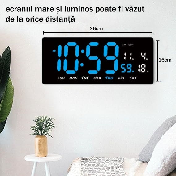 Ceas Digital de Masa si de Perete cu Lumina Led Albastru, Tehnologie LED Fara Umbre, Calendar, Temperatura, Alarma, Functie Snooze, Luminozitate Adjustabila, 36x16cm - Frize
