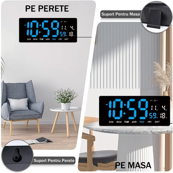 Ceas Digital de Masa si de Perete cu Lumina Led Albastru, Tehnologie LED Fara Umbre, Calendar, Temperatura, Alarma, Functie Snooze, Luminozitate Adjustabila, 36x16cm - Frize