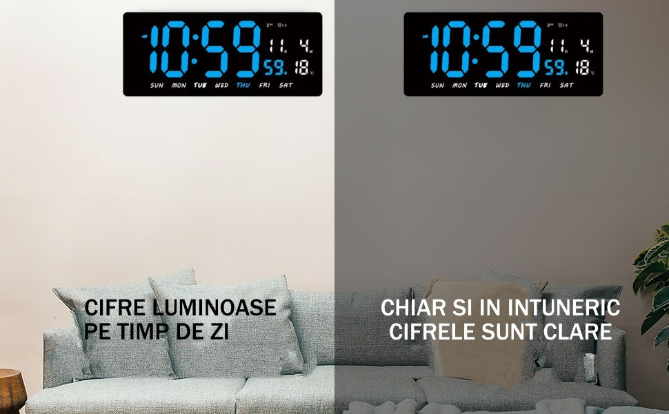 Ceas Digital de Masa si de Perete cu Lumina Led Albastru, Tehnologie LED Fara Umbre, Calendar, Temperatura, Alarma, Functie Snooze, Luminozitate Adjustabila, 36x16cm - Frize