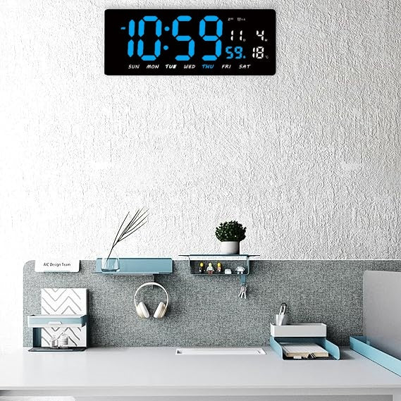 Ceas Digital de Masa si de Perete cu Lumina Led Albastru, Tehnologie LED Fara Umbre, Calendar, Temperatura, Alarma, Functie Snooze, Luminozitate Adjustabila, 36x16cm - Frize