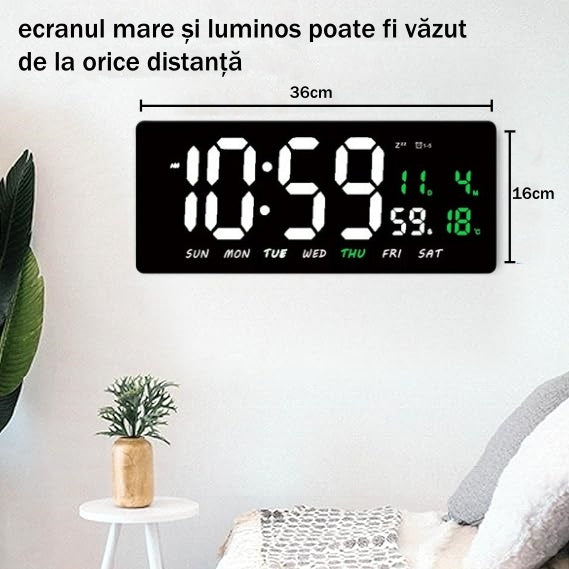 Ceas Digital de Masa si de Perete cu Lumina Led Alb, Tehnologie LED Fara Umbre, Calendar, Temperatura, Alarma, Functie Snooze, Luminozitate Adjustabila, 36x16cm - Frize
