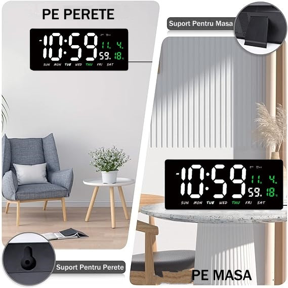 Ceas Digital de Masa si de Perete cu Lumina Led Alb, Tehnologie LED Fara Umbre, Calendar, Temperatura, Alarma, Functie Snooze, Luminozitate Adjustabila, 36x16cm - Frize