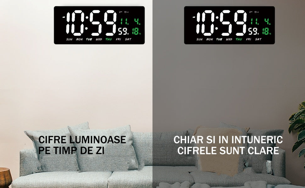 Ceas Digital de Masa si de Perete cu Lumina Led Alb, Tehnologie LED Fara Umbre, Calendar, Temperatura, Alarma, Functie Snooze, Luminozitate Adjustabila, 36x16cm - Frize