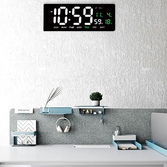 Ceas Digital de Masa si de Perete cu Lumina Led Alb, Tehnologie LED Fara Umbre, Calendar, Temperatura, Alarma, Functie Snooze, Luminozitate Adjustabila, 36x16cm - Frize