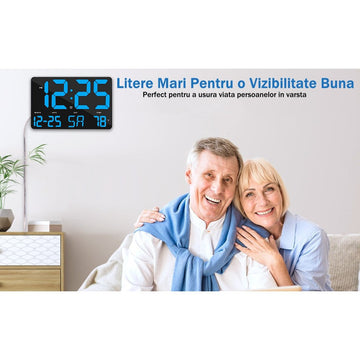 Ceas Digital de Masa si de Perete cu Lumina Led Albastru, Calendar, Temperatura, Alarma, Termometru, Functie Snooze, Luminozitate Adjustabila, 25x16cm - Frize