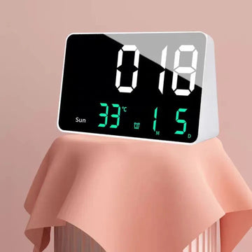 Ceas Digital de Masa cu Lumina Led Alb-Verde, Alarma, Calendar, Temperatura, Ecran Oglinda, Functie Snooze, Mod de Noapte - Frize
