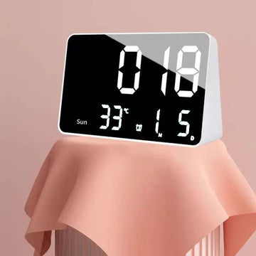 Ceas Digital de Masa cu Lumina Led Alb, Alarma, Calendar, Temperatura, Ecran Oglinda, Functie Snooze, Mod de Noapte - Frize