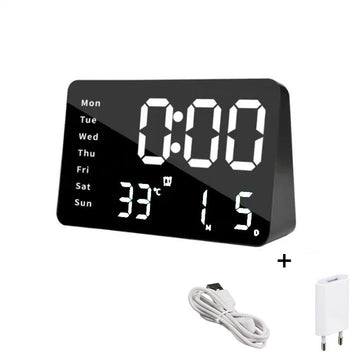 Ceas Digital de Masa cu Lumina Led Alb, Alarma, Calendar, Temperatura, Ecran Oglinda, Functie Snooze, Mod de Noapte - Frize