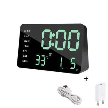 Ceas Digital de Masa cu Lumina Led Verde, Alarma, Calendar, Temperatura, Ecran Oglinda, Functie Snooze, Mod de Noapte - Frize