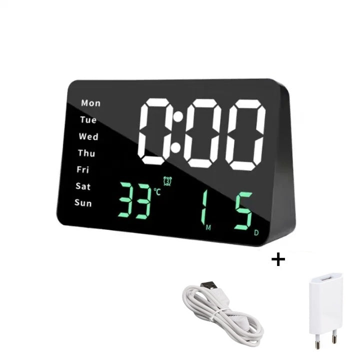 Ceas Digital de Masa cu Lumina Led Alb-Verde, Alarma, Calendar, Temperatura, Ecran Oglinda, Functie Snooze, Mod de Noapte - Frize
