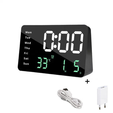 Ceas Digital de Masa cu Lumina Led Alb-Verde, Alarma, Calendar, Temperatura, Ecran Oglinda, Functie Snooze, Mod de Noapte - Frize