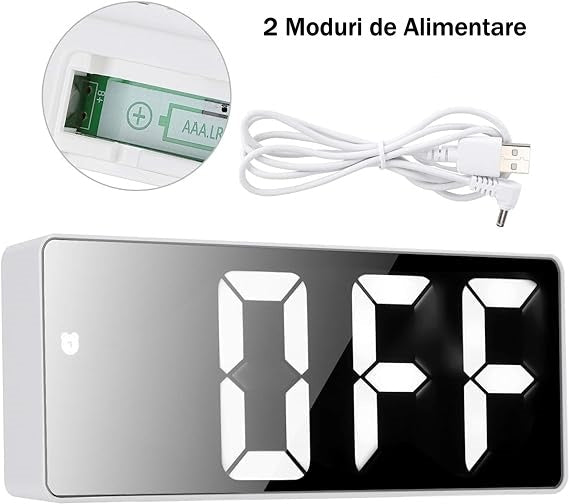Ceas Electronic de Masa cu Lumina Led Albastru Deschis, Temperatura, Alarma, Comanda Vocala, 2 Trepte de Lumina, 160 X 60 X 25 mm, Adaptor Inclus, Alb - Frize