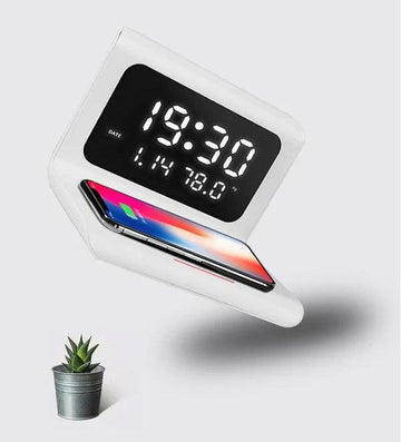Ceas Digital de Birou cu Incarcare Wireless rapid, Alarma, Alb, Compatibil cu IOS si Android - Ceasuri Moderne