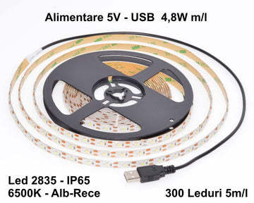 Banda Led 2835 - 5V USB 60led/m Alb-Rece IP65 - 5m/Rola - Frize