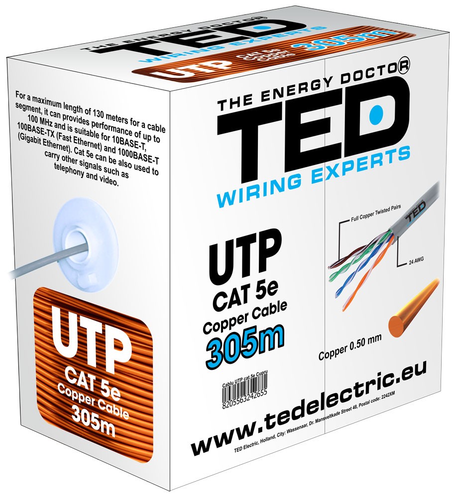 Cablu UTP Cat 5e Cupru Integral 8 Fire Ted, 305m/Rol - Frize