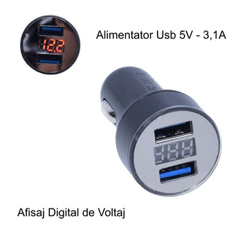 Incarcator Auto 2 x Usb 3,1A cu Voltmetru - Frize