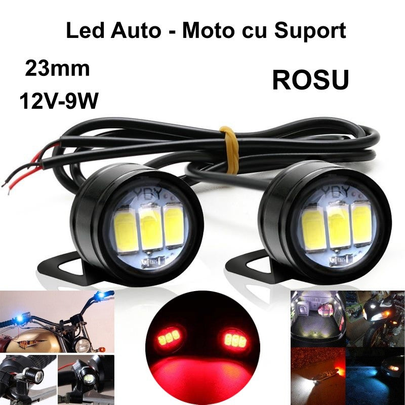Led Auto 23mm cu Suport / 12V - 9W / ROSU, 2 Buc/Set - Frize