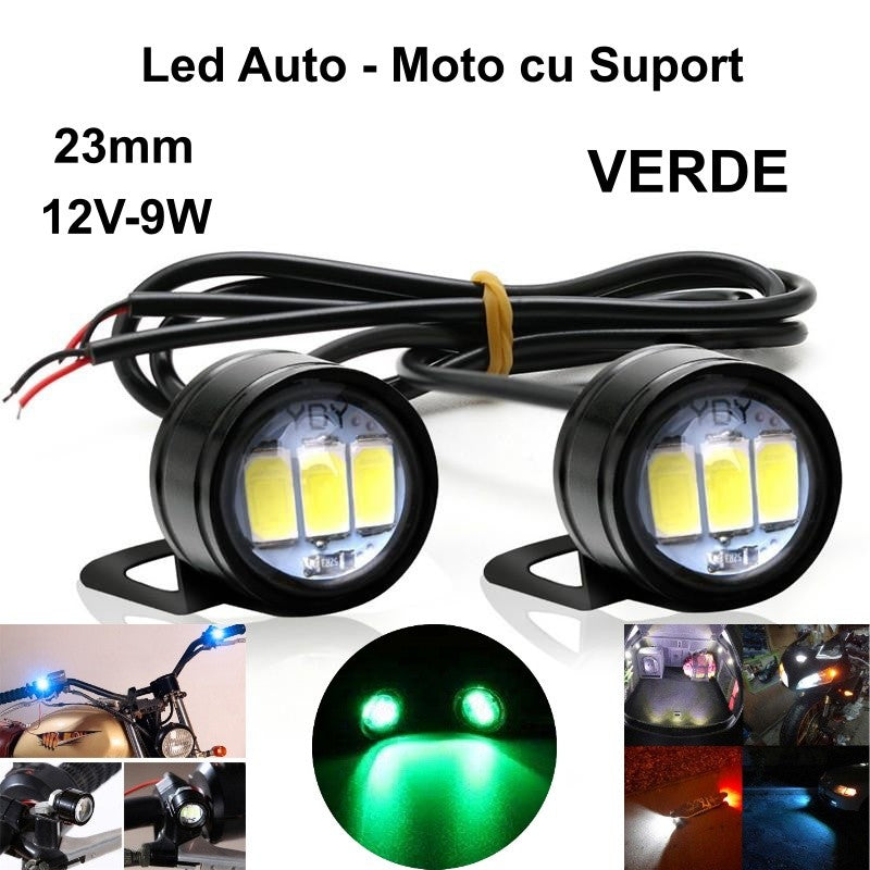 Led Auto 23mm cu Suport / 12V - 9W / VERDE, 2Buc/Set - Frize