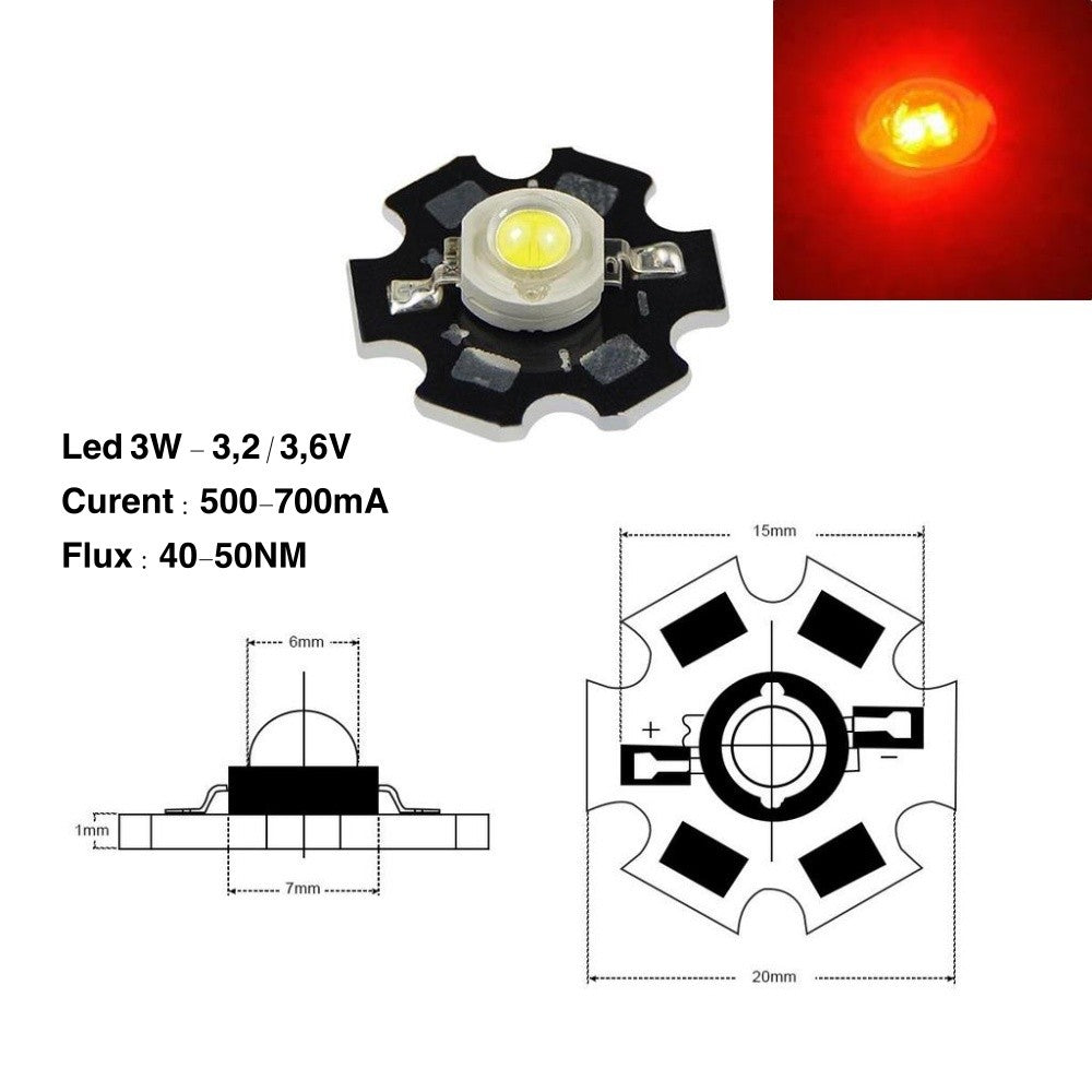 Led SMD 3W cu Radiator, Lumina Roșie - Frize