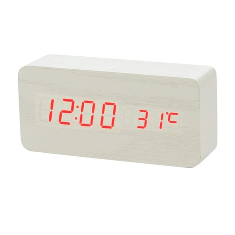 Ceas Electronic de Masa cu Led Rosu, Termometru, Alarma, Control Vocal, 3 Trepte de Lumina, 15x7x4 cm, Adaptor Inclus, Alb - Frize
