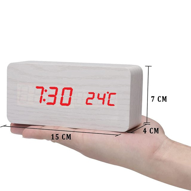 Ceas Electronic de Masa cu Led Rosu, Termometru, Alarma, Control Vocal, 3 Trepte de Lumina, 15x7x4 cm, Adaptor Inclus, Alb - Frize