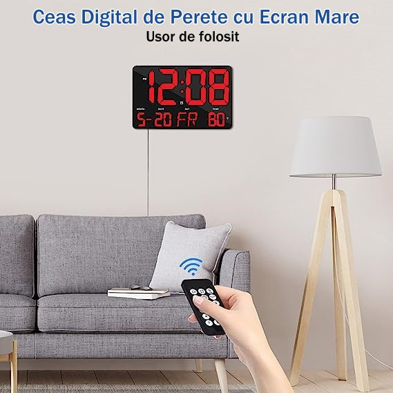 Ceas Digital de Masa si de Perete cu Lumina Led Rosu, Calendar, Temperatura, Alarma, Termometru, Functie Snooze, Luminozitate Adjustabila, 25x16cm - Frize