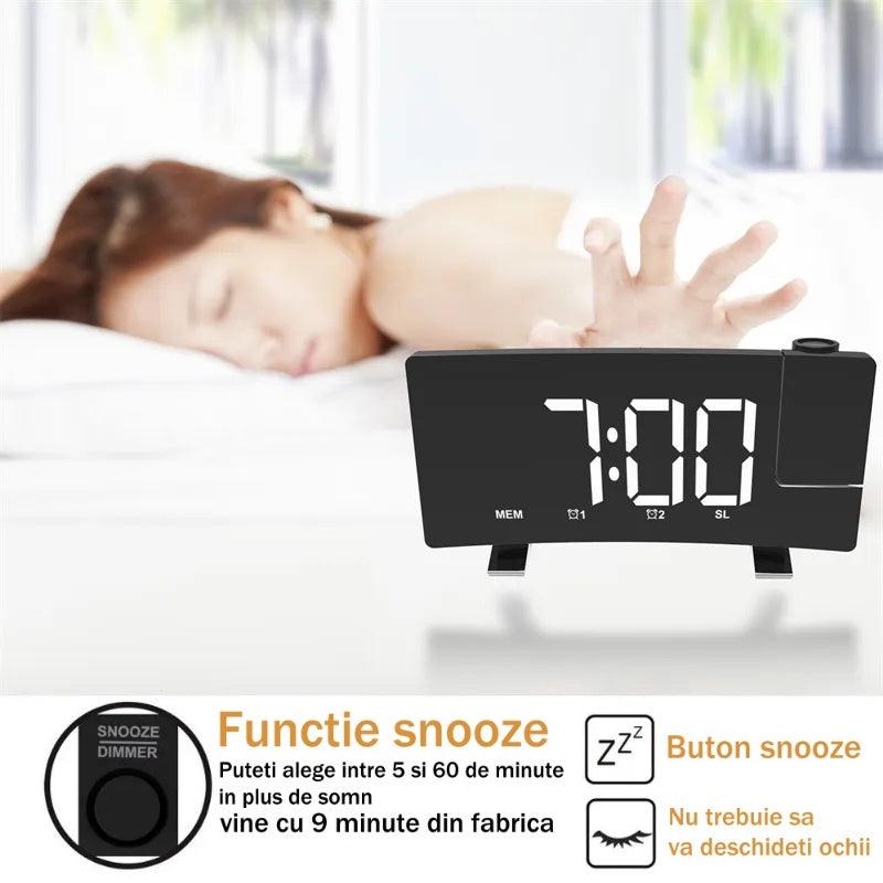 Ceas Digital cu Radio si Proiectie Pana la 5M Inaltime Alb, Rotire la 180°, Alarma, Port Incarcare USB, Temperatura, Ecran LED, 2 Niveluri de Luminozitate, Negru - Ceasuri Moderne