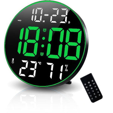 Ceas Digital de Masa si de Perete Rotund cu Lumina Led Verde, Calendar, Temperatura, 2 Alarme, Termometru, Functie Snooze, 5 Trepte de Intensitate, Telecomanda, Afisare Umiditate, 30cm - Frize