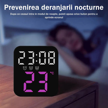 Ceas Digital de Masa cu Lumina Led Mov, 3 Alarme, Calendar, Temperatura, Functie Snooze, 2 Trepte de Intensitate, Mod de Noapte - Frize
