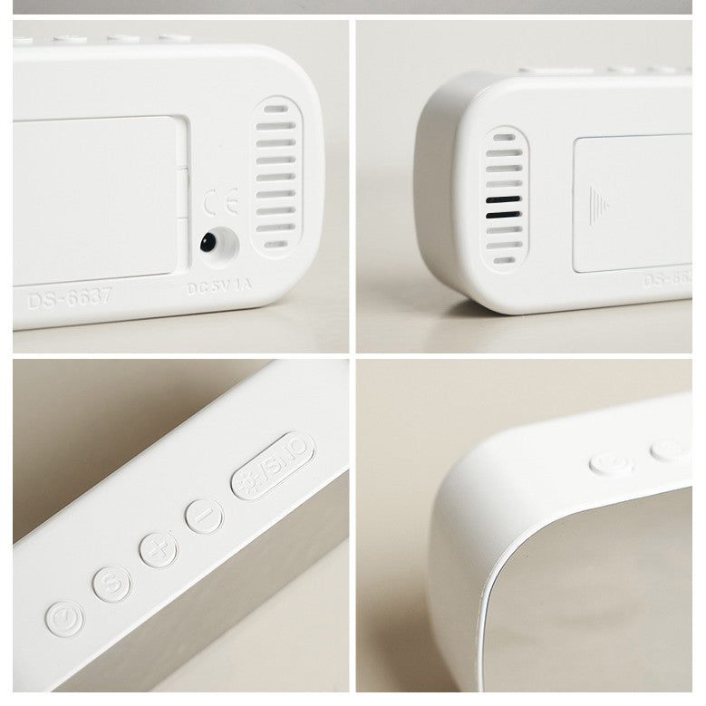 Ceas Digital de Masa cu Led Alb, Stil Oglinda Oval, Alarma, Ecran LED, 5 Niveluri de Luminozitate, Adaptor Inclus, Negru - Frize