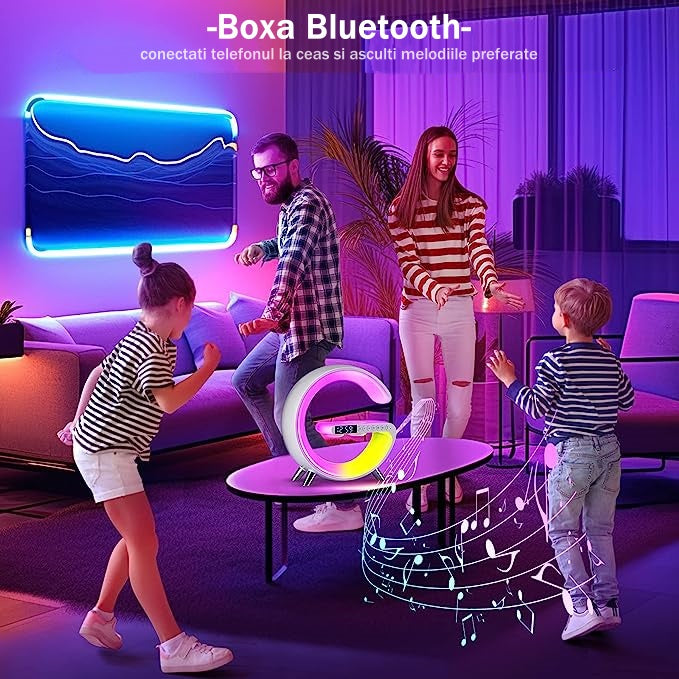 Ceas Digital cu Incarcare Wireless, Boxa Bluetooth, Control din Aplicatie, RGB, Functie de Apel, Luminozitate Reglabila, Alarma, Ecran LED, Alb - Frize