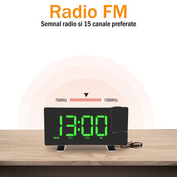 Ceas Digital cu Radio si Proiectie Pana la 5M Inaltime Verde, Rotire la 180°, Alarma, Port Incarcare USB, Temperatura, Ecran LED, 2 Niveluri de Luminozitate, Negru - Ceasuri Moderne
