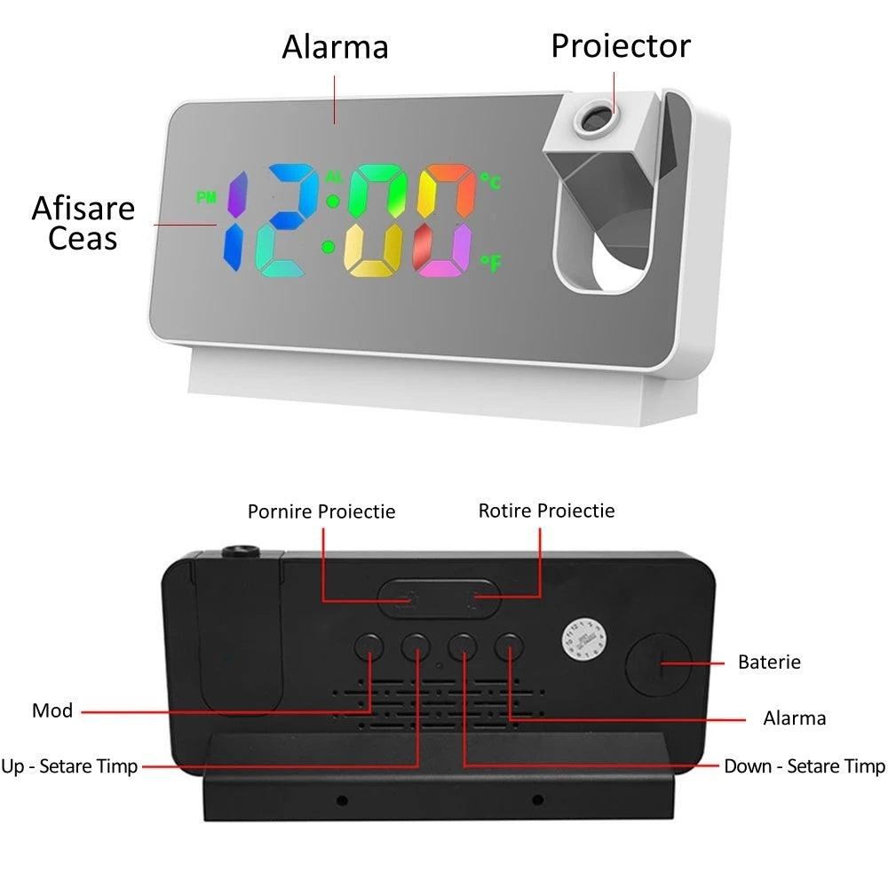 Ceas Digital cu Led RGB si Proiectie Pana la 5M Inaltime, Rotire la 180°, Alarma, Temperatura, Ecran LED, 2 Niveluri de Luminozitate, Alb - Ceasuri Moderne