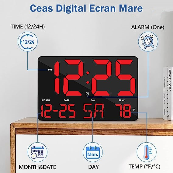 Ceas Digital de Masa si de Perete cu Lumina Led Rosu, Calendar, Temperatura, Alarma, Termometru, Functie Snooze, Luminozitate Adjustabila, 25x16cm - Frize