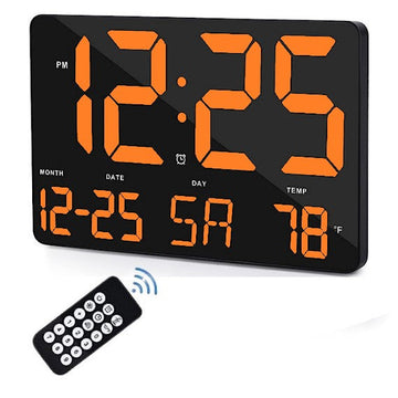 Ceas Digital de Masa si de Perete cu Lumina Led Portocaliu, Calendar, Temperatura, Alarma, Termometru, Functie Snooze, Luminozitate Adjustabila, 25x16cm - Frize
