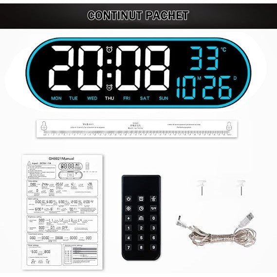 Ceas Digital de Masa si de Perete Oval cu Lumina Led Albastru, Calendar, Cronometru, Temperatura, 2 Alarme, Termometru, Functie Snooze, 5 Trepte de Intensitate, Telecomanda, Afisare Umiditate, 38cm - Frize