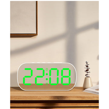 Ceas Digital de Masa cu Led Verde, Stil Oglinda Oval, Alarma, Ecran LED, 5 Niveluri de Luminozitate, Adaptor Inclus, Negru - Frize