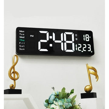 Ceas Digital cu Cronometru si Led Alb, Temperatura, Alarma, 10 Niveluri de Intensitate, Telecomanda Inclusa, Afisaj Mare, 40x13cm, Negru - Frize