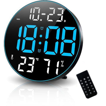 Ceas Digital de Masa si de Perete Rotund cu Lumina Led Albastru, Calendar, Temperatura, 2 Alarme, Termometru, Functie Snooze, 5 Trepte de Intensitate, Telecomanda, Afisare Umiditate, 30cm - Frize