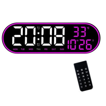 Ceas Digital de Masa si de Perete Oval cu Lumina Led Mov, Calendar, Cronometru, Temperatura, 2 Alarme, Termometru, Functie Snooze, 5 Trepte de Intensitate, Telecomanda, Afisare Umiditate, 38cm - Frize