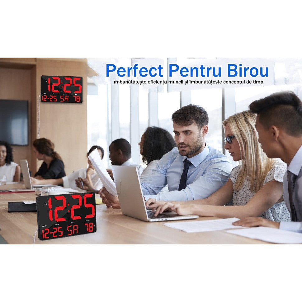 Ceas Digital de Masa si de Perete cu Lumina Led Rosu, Calendar, Temperatura, Alarma, Termometru, Functie Snooze, Luminozitate Adjustabila, 25x16cm - Frize