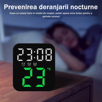 Ceas Digital de Masa cu Lumina Led Verde, 3 Alarme, Calendar, Temperatura, Functie Snooze, 2 Trepte de Intensitate, Mod de Noapte - Frize