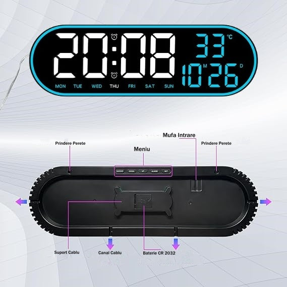 Ceas Digital de Masa si de Perete Oval cu Lumina Led Albastru, Calendar, Cronometru, Temperatura, 2 Alarme, Termometru, Functie Snooze, 5 Trepte de Intensitate, Telecomanda, Afisare Umiditate, 38cm - Frize