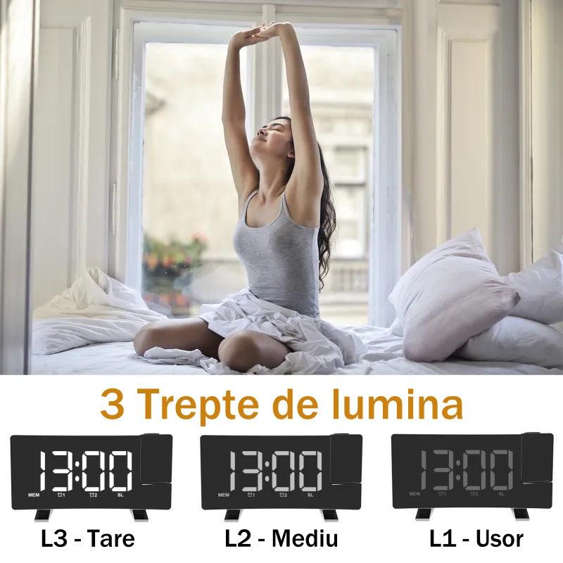 Ceas Digital cu Radio si Proiectie Pana la 5M Inaltime Alb, Rotire la 180°, Alarma, Port Incarcare USB, Temperatura, Ecran LED, 2 Niveluri de Luminozitate, Negru - Ceasuri Moderne
