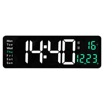 Ceas Digital cu Cronometru si Led Verde, Temperatura, Alarma, 10 Niveluri de Intensitate, Telecomanda Inclusa, Afisaj Mare, 40x13cm, Negru - Frize