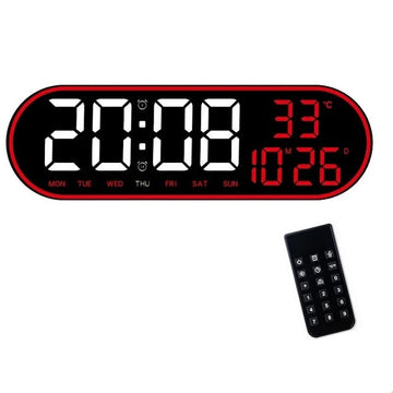 Ceas Digital de Masa si de Perete Oval cu Lumina Led Rosu, Calendar, Cronometru, Temperatura, 2 Alarme, Termometru, Functie Snooze, 5 Trepte de Intensitate, Telecomanda, Afisare Umiditate, 38cm - Frize